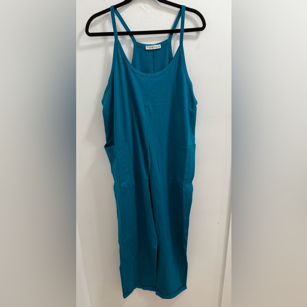 Zenana Ocean Teal spaghetti strap pocketed jumpsuit